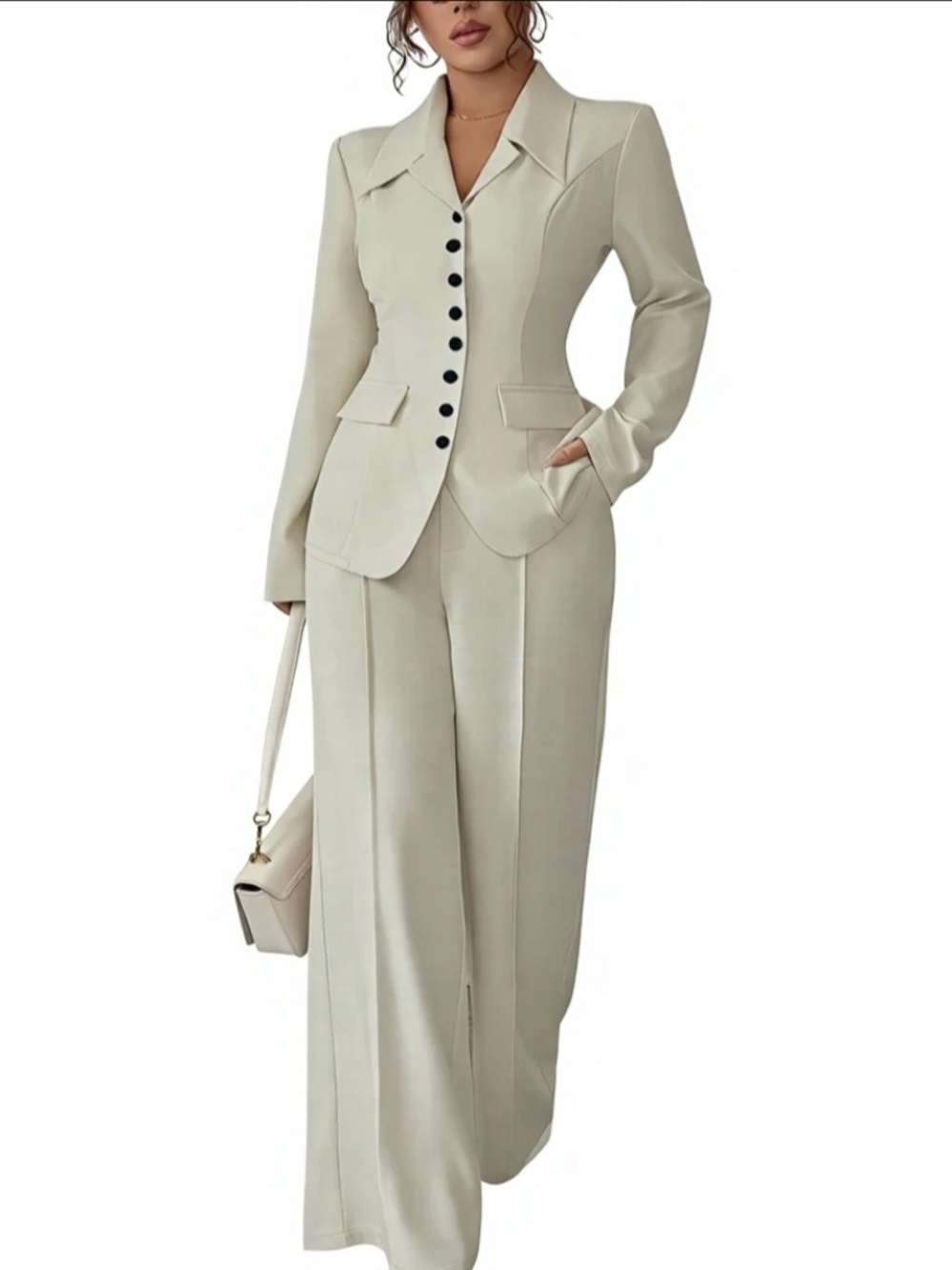 Tailored Ivory Women's Pantsuit - Classic Button Blazer & Wide-Leg Trousers